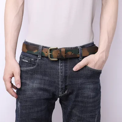 Genuine Cowhide Leather Camouflage Belt – Retro Copper Pin Buckle